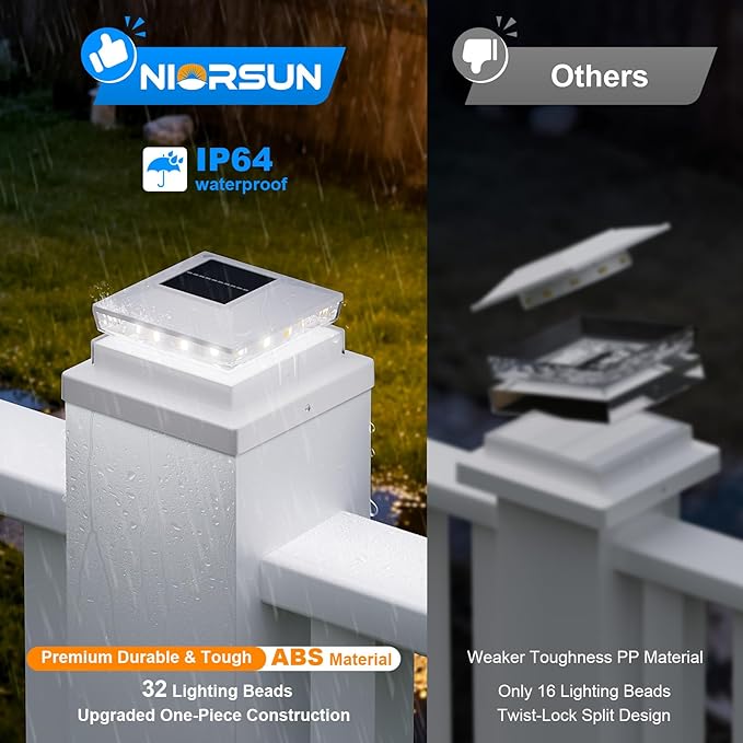 NIORSUN Solar Post Cap Lights Outdoor Waterproof, 2 Lighting Modes 4x4 Post Solar Lights, Fence Posts Solars Light for Deck Patio Garden Decoration, 4x4 Posts Caps Wood Vinyl, 18 Pack (White)