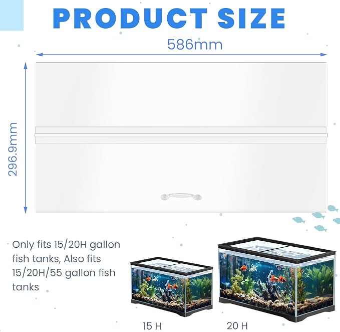 Sieral Aquarium Lids Polycarbonate Canopy with LED Light 23.07 x 11.69 x 0.12 Inch for 15/20H/55 Gallon Without Center Brace Aquariums Cover Fish Tank Lid with a Hook Knife, Clear
