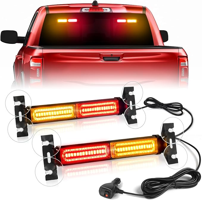 HLauto 1002L Emergency Strobe Traffic Advisor Light Bar: 40LED Dash Safety Warning Flashing Front/Rear Windshield Visor Light for Construction Vehicle, Trucks (2x10.7inch, Amber Red)