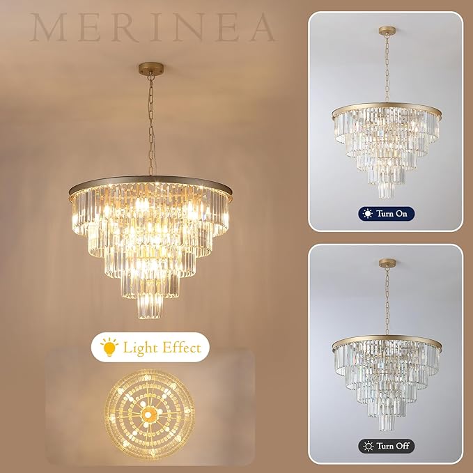 Large Crystal Chandelier Modern Gold 30" 16 Lights Round Chandeliers 5 Tiers Luxury K9 Crystal Ceiling Pendant Light Fixture for Foyer Staircase Living Room Dining Room