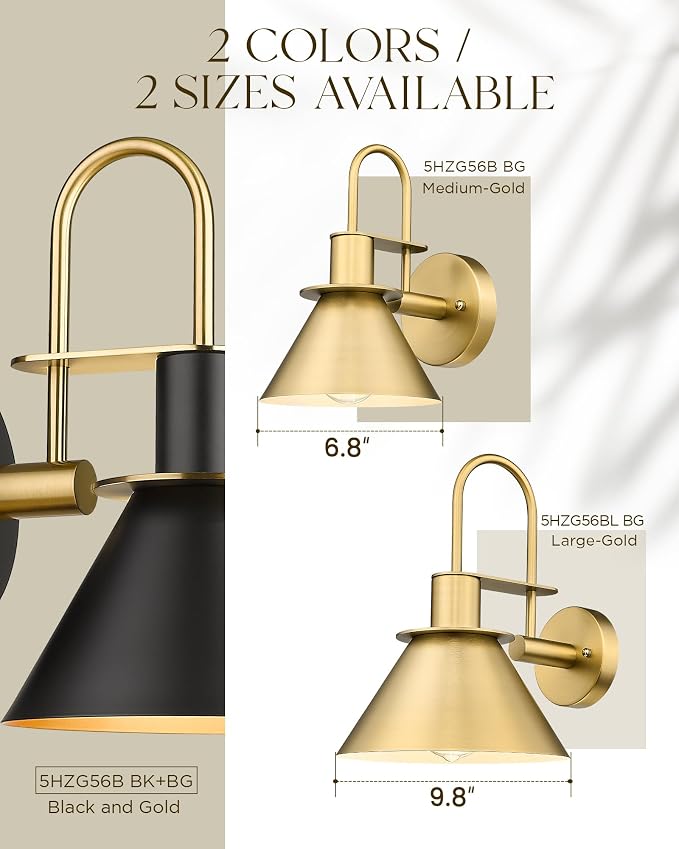 Wall Sconces Set of 2, HWH 1-Light Gold Bathroom Light Fixtures, Modern Barn Wall Lamp with Metal Shade, Indoor Wall Sconce Lighting for Bedroom Kitchen, Gold Finish, 5HZG56B-2 BG