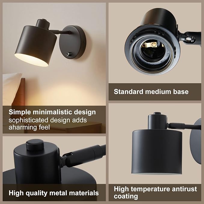 Lightess Black Farmhouse Hardwired Wall Sconce with Dimmer Switch Set of 2 | Dimmable Switch Wall Lights Industrial Rustic Housing, Hardwired Mount Works Great For Bedroom Hallway Living Room Indoor