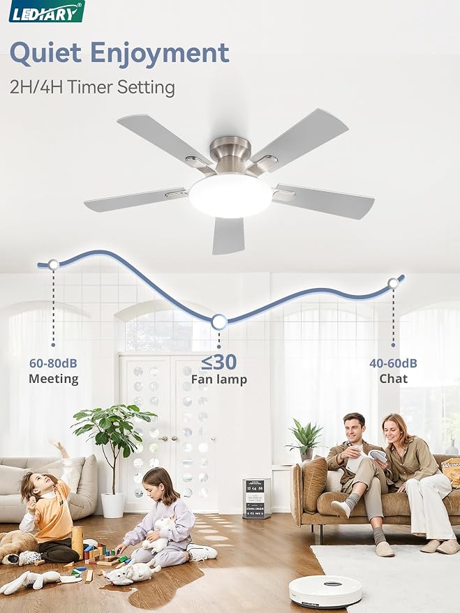 LEDIARY 42 Inch Flush Mount Ceiling Fans with Lights, Remote & APP Control | Bright Light, 3CCT, Dimmable, Memory Function, Timer, Reversible Blade, Quiet DC Motor, Damp-Rated, Bedroom, Covered Patio