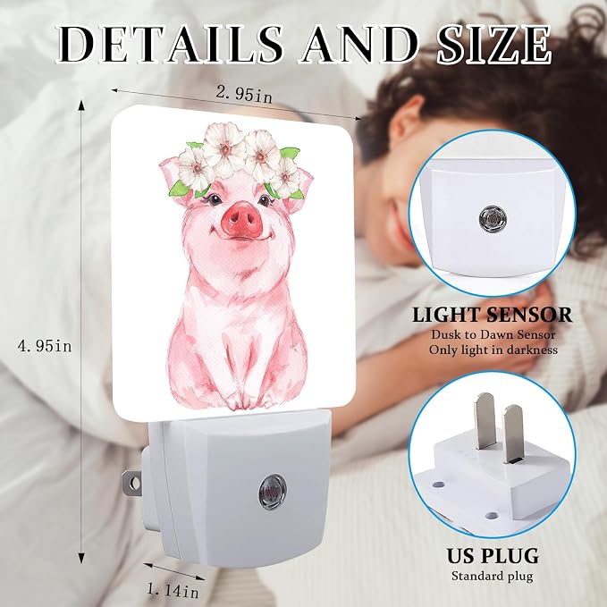Watercolor Flower Pig Night Light, Plug-into Wall Cute Animals Nightlight Lamp with Dusk to Dawn Sensor, Led Lamp 0.5W Energy Efficient for Boys Girls Adults Home Decor