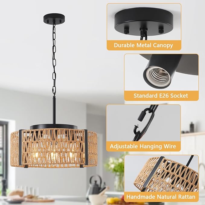 Boho Rattan Chandelier,4-Light 17.7”Chandeliers for Dining Room Hand Woven Rattan Light Fixture Farmhouse Chandeliers for Kitchen Island Bedroom, Living Room, Foyer (E26 Bulbs Not Included