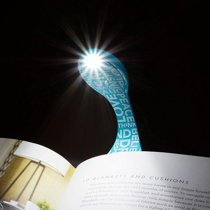 Gifts for Readers & Writers Book Light, Clip On Reading Light for Bed, 2in1 Flexilight & Bookmark, Small & Lightweight with a Soft Glow, 2 Batteries Included, Blue Words