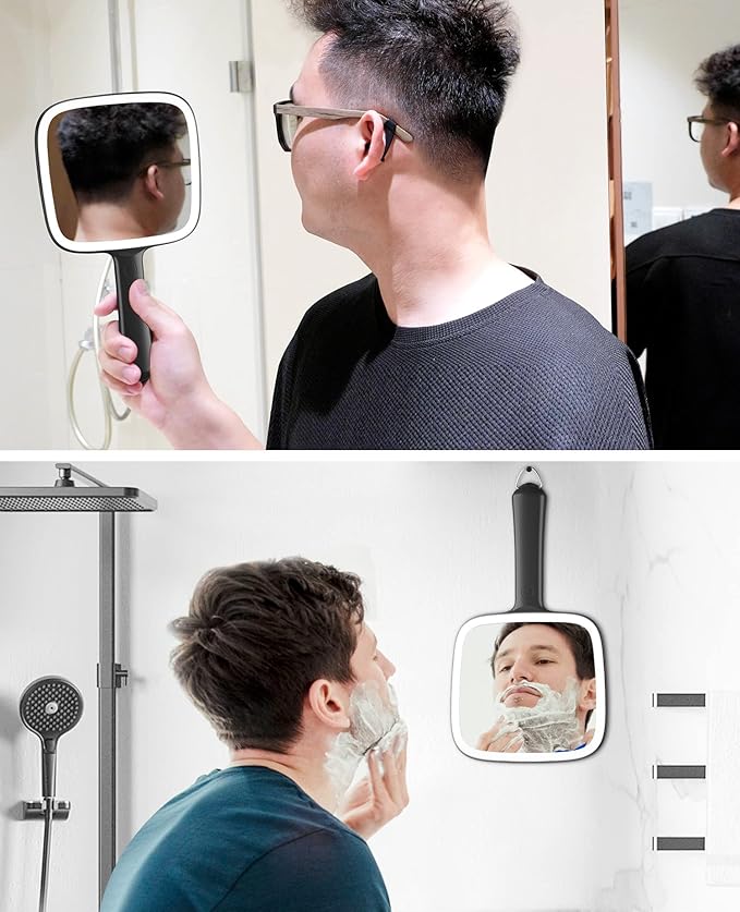 Famihomii Hand Mirror with 3 Light Color & Dimmable, Lighted Handheld Mirror, Lightweight & Durable, Portable & Hangable for Makeup Application, Hair Styling, Shaving, Battery Operated