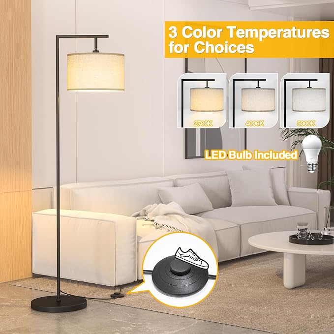 Floor Lamp for Living Room with 3 Color Temperatures Standing Lamp with Adjustable Beige Linen Lampshade Tall Lamps for Bedroom Office Classroom Dorm Room, 9W LED Bulb Included, Black | 3 Color Temperatures, Adjustable Beige Linen Lampshade, For Living...