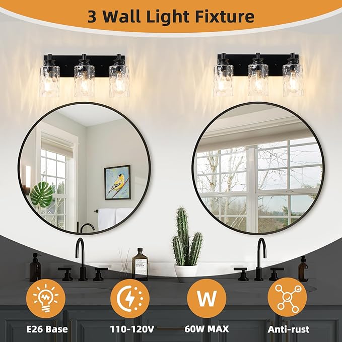 3 Light Bathroom Vanity Light Modern Black Bathroom Light Fixtures Over Mirror with Hammered Glass Lampshade for Kitchen Hallway