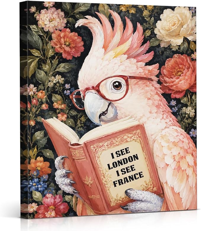 NSFBESSLIA Funny Reading Cockatoo Painting, Whimsical Vintage Bird Decor, I See London I See France, Cottagecore Floral Wall Art for Living Room Bedroom Entryway, 8x10 Inch