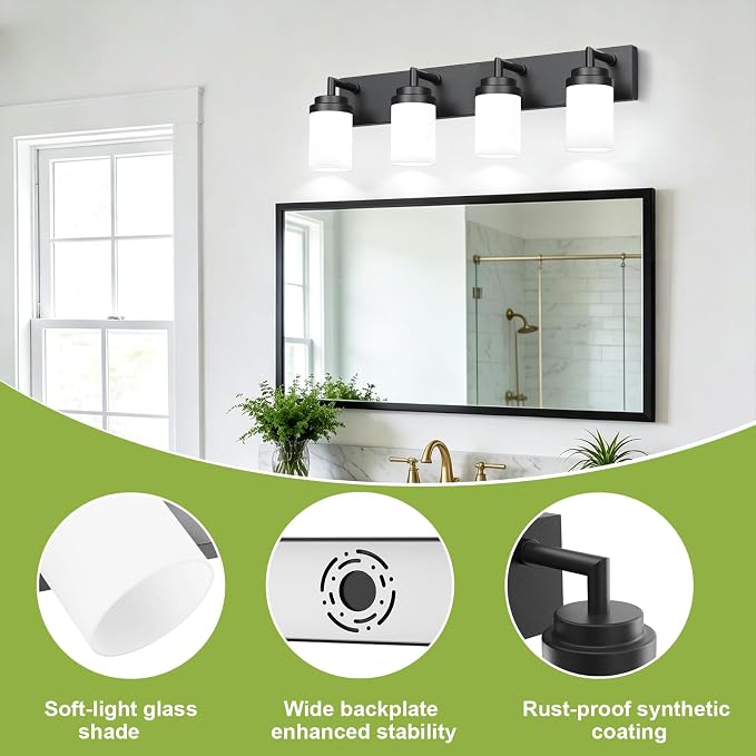Bathroom Light Fixtures, Matte Black Bathroom Lighting Fixtures Over Mirror, Modern Vanity Light with White Glass Shade, Restroom Lighting Fixtures, 4-Light 30-inch