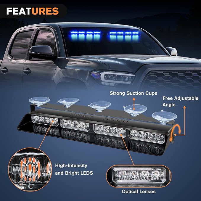 Nilight 32LED Blue Emergency Dash Strobe Lights w/Controller Suction Cups | Warning Hazard Interior Front/Rear Windshield Deck Split Light Bar for Trucks Construction Vehicles