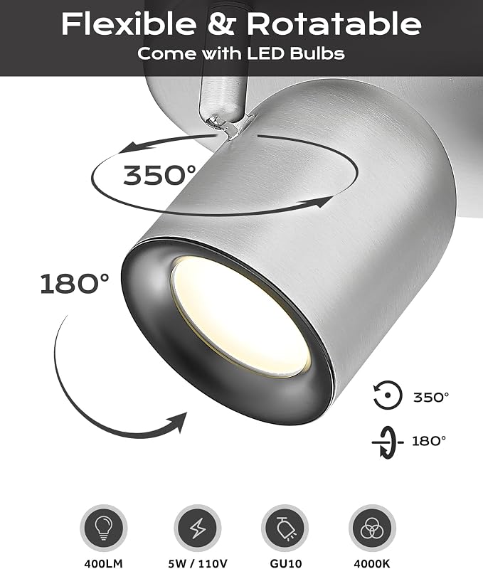 FEMILA 3 Light Track Lighting Fixtures Ceiling, Brushed Nickel Round Track Lighting Fixtures 3000K GU10 Bulbs Included, LED Track Lights for Kitchen, Living Room, Bedroom, 4FS78F-3 BN