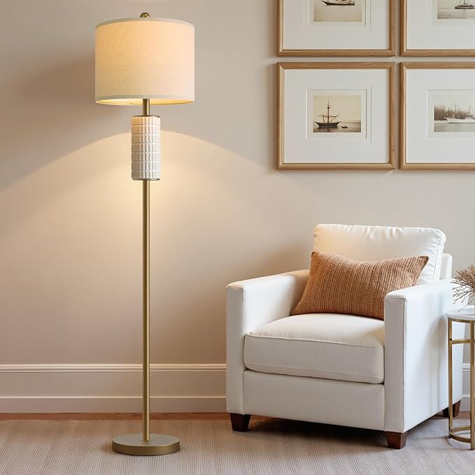 PoKat Antique Gold Ceramic Floor Lamp for Living Room Bedroom, 64" Modern Tall Standing Lamp with Rotary Switch, Traditional Living Room Lamp for Corner, Home Office, Nursery, Warm Gold
