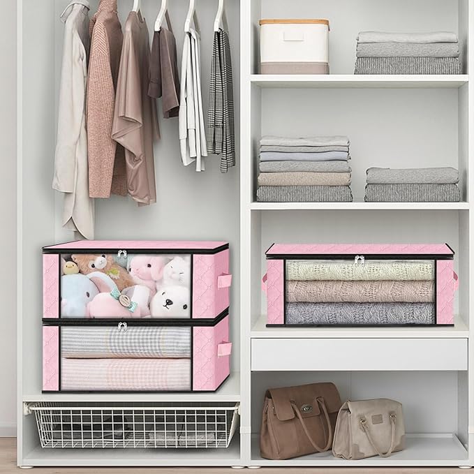 HomeHacks 3-Pack Clothes Organizer Storage Bags, 35L Storage Bins, Pink | Foldable Storage Box Container with Zippers, Clear Window, Reinforced Handles for Closet, Dorm, Pillows, Bedding, Sweater