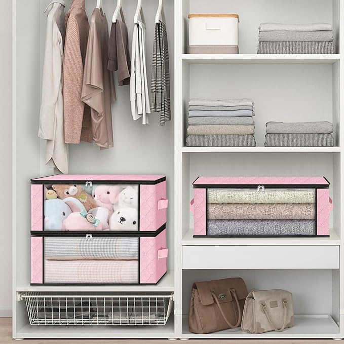 HomeHacks 10-Pack Clothes Organizer Storage Bags, 35L Storage Bins, Pink | Foldable Storage Box Container with Zippers, Clear Window, Reinforced Handles for Closet, Dorm, Pillows, Bedding, Sweater