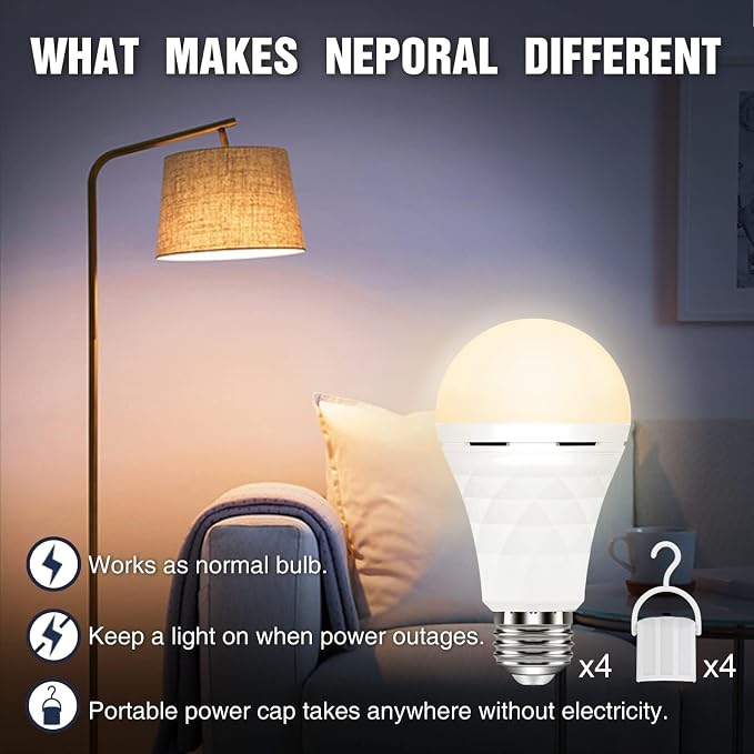 Neporal A19 Rechargeable Light Bulbs, Socket Rechargeable Emergency Light Bulb for Power Failure, 1200mAh Battery Backup Light Bulbs for Home, Hurricane, Led Bulb 60 Watt Equiv. (Soft WHITE-6PK)
