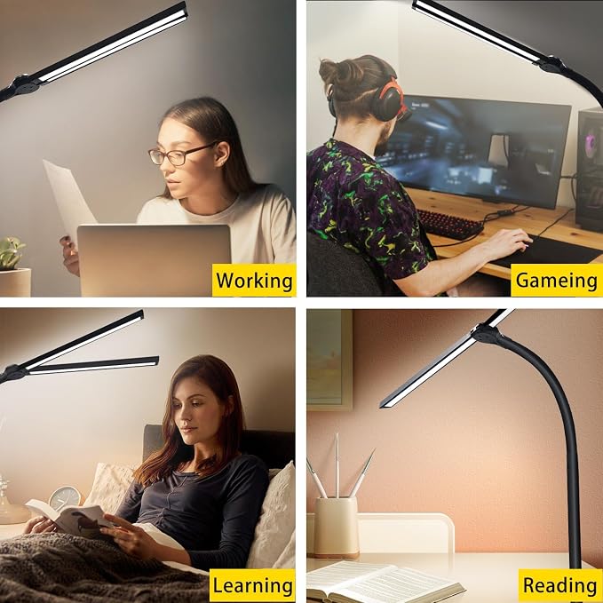 Double Head LED Desk Lamp for Office - Eye Caring Lamp with Clamp | Flexible Adjustable Lighting Gooseneck Desk Light, 4 Color Modes & 5 Brightness Levels for Monitor Workbench Study