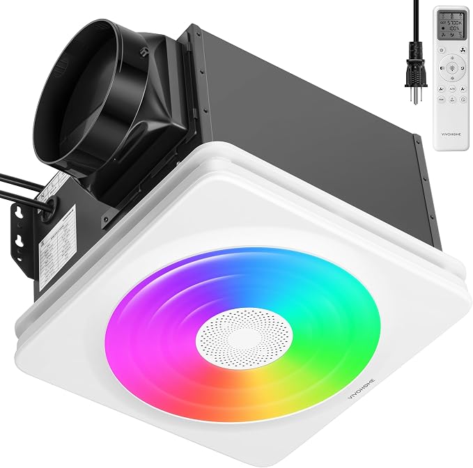 VIVOHOME Bathroom Exhaust Fan with Humidity Sensor, RGB Lights & Speaker | 240 CFM 6 Speeds, 1.6 Sones Quiet Energy-Saving EC Motor, Remote Control & Bluetooth Speaker, 11 x 12 in Easy Retrofit