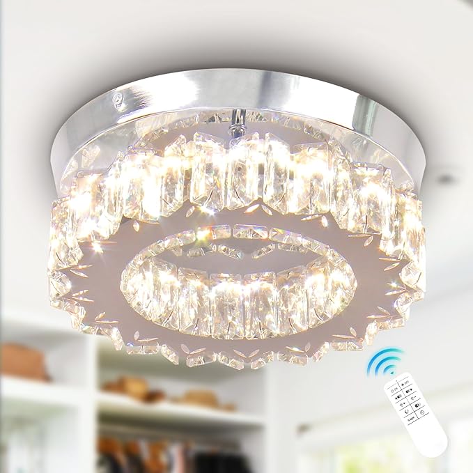 Dimmable LED Ceiling Light with Remote Flush Mount Mini Round LED Crystal Chandeliers Modern Flush Mount Ceiling Light Fixture Hallway Light Bedroom Bathroom Kitchen Office