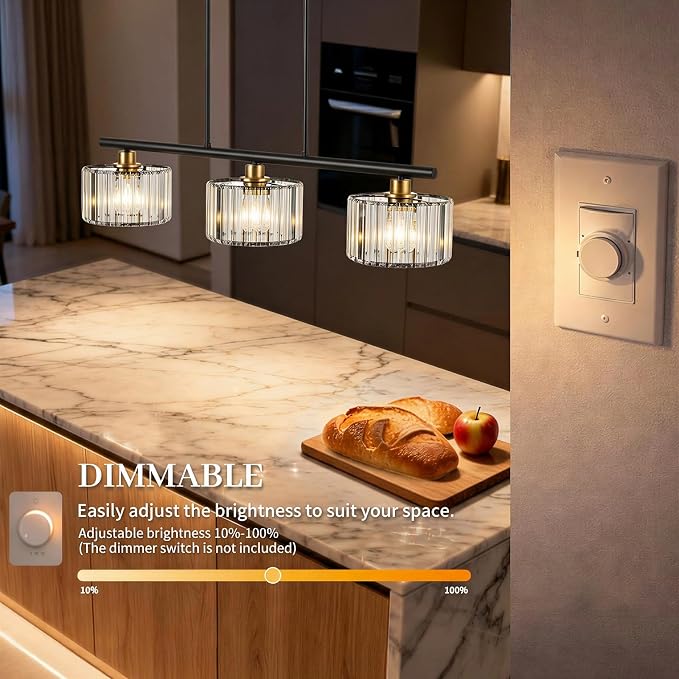 TALOYA Pendant Lights Kitchen Island Black and Gold, 3-Light Crystal Pendant Light Modern, Height Adjustable Chandelier Hanging Island Light Fixtures for Kitchen Dinning Room(Bulb Not Included)