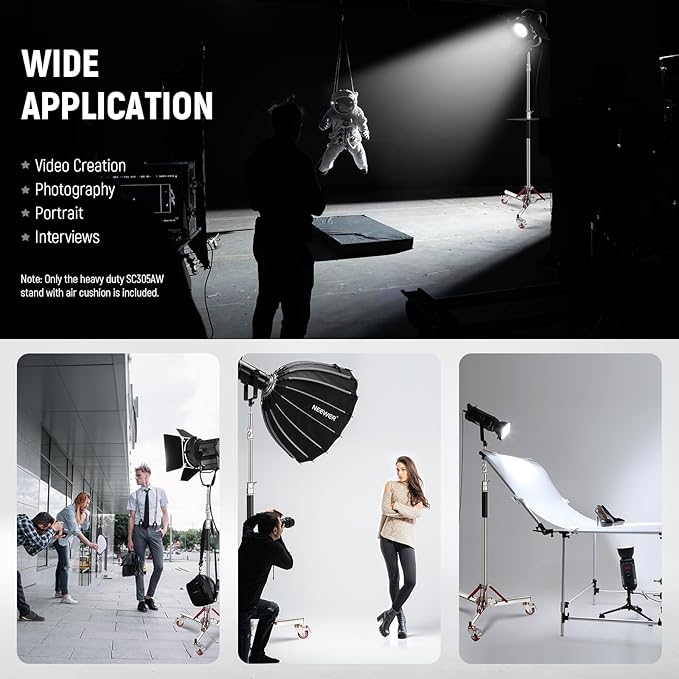 NEEWER 10ft Heavy Duty Air Cushioned Light Stand with Casters, Adjustable Tripod Stand, Stainless Steel Photography Wheeled Stand for Studio Flash Softbox Monolight Reflector, SC305AW | Adjustable Tripod Stand, Stainless Steel Photography Wheeled Stand...