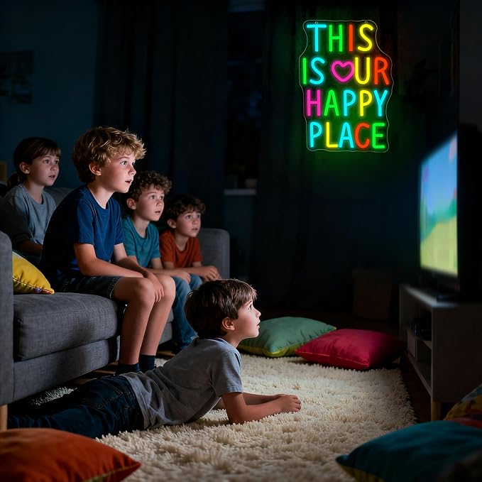 This Is Our Happy Place Neon Sign for Bedroom Wall Decor | Dimmable warm vibe neon light, cozy home teen bedroom decor, birthday gift for couples families, size 13.8*9.8 in