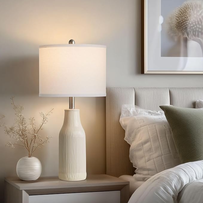 24.5" Modern Ceramic Table Lamp for Nightstand, Farmhouse Bedside Lamp for Bedroom, Small Table Lamp for Living Room End Table, Beige (1 Pack)