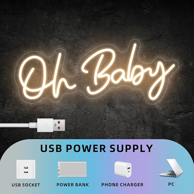 Oh Baby Neon Sign for Backdrop Wall Decor, Boy and Girl Baby Shower Decorations Led Light up Sign Compact 16.5x6.7 inch for Party Decor, Warm White