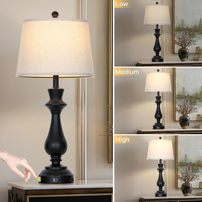 Modern Black Table Lamps Set of 2 for Living Room,30" Tall Bedside Lamp with USB Charging Port,3-Way Dimmable Touch Nightstand Lamp for Bedroom Desk Side Table Office,Black