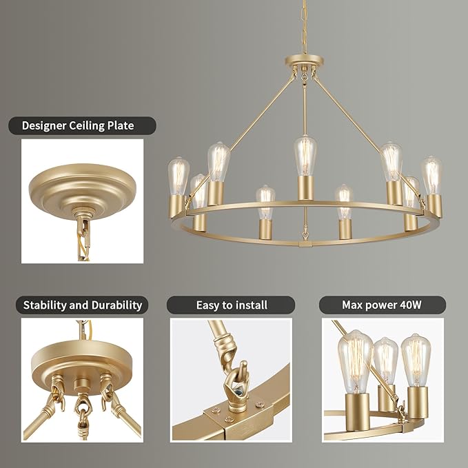 9-Lights Gold Chandelier | Dia 32'' Farmhouse Wagon Wheel Chandelier | Rustic Hanging Dining Room Light Fixture | Apply to Living Room | Kitchen Island | Entryway | Foyer