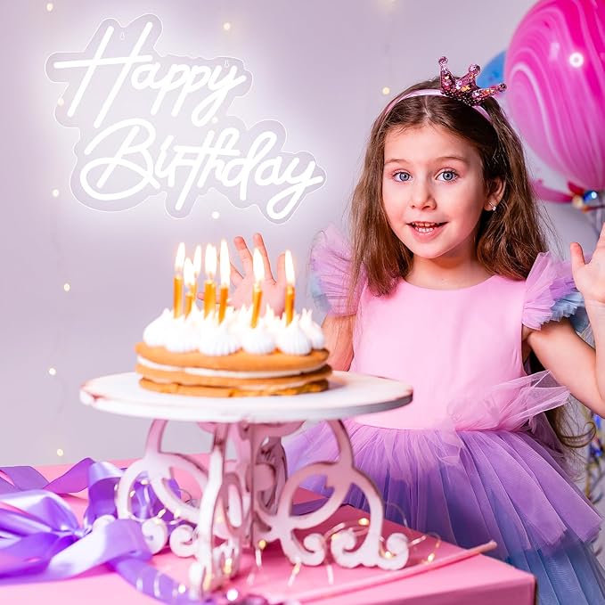 Happy Birthday Neon Sign for Wall Decor, USB Powered LED Neon Sign with Dimmable Brightness, Ideal for All Ages Birthday Parties and Celebrations, With 2 Pcs Birthday Cards (17×12 Inch)