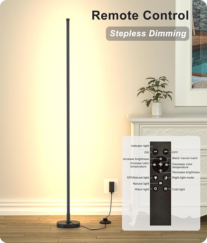 Corner Lamp, Minimalist LED Lamp with Remote Control, Dimmable Corner Light,18 W Floor Lamp Perfect for Living Room, Bedroom, Home Office, 7 Color Temperature 3000K-6000K (Black, 2 Pack)