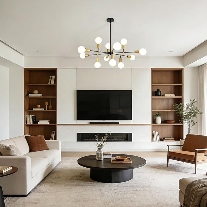 Modern Chandeliers for Dining Room with 12-Lights Adjustable Height Black and Gold Pendant Lights Kitchen Island Sputnik Chandelier for Living Room Bedroom Foyer Entryway
