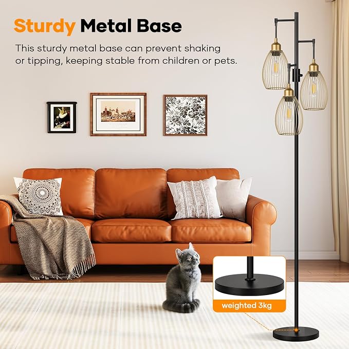 Dimmable Floor Lamp,3x800LM LED Bulbs Included, Farmhouse Industrial Floor Lamp Standing Tree Lamp with Teardrop Cage Head Tall Lamp for Living Room Bedroom Office Dining Room - Black Gold Edge