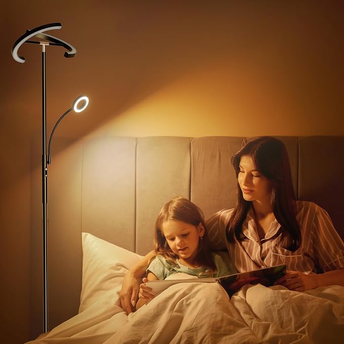LED Floor Lamp for Living Room - Modern Standing Lamp with Reading Light, Remote Touch Control Floor Light Dimmable Mother-Daughter Tall Bedroom Lamp for Couch Office, 29W, Black