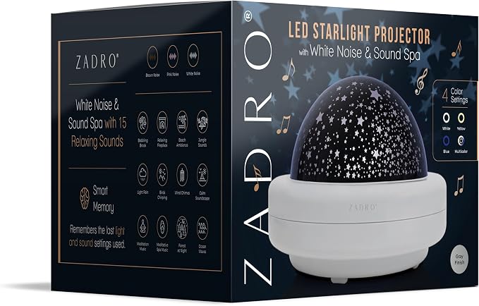 Zadro LED Star Night Light for Kids Room Starlight Projector with Multi Color Starry Nights Globe and Variety of Sounds (8" Dia. by 5.5" Tall, Gray)