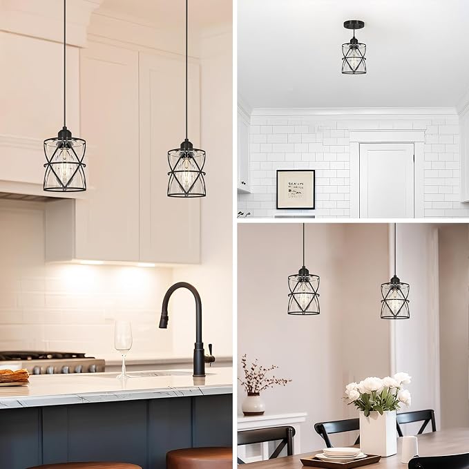 DSMJFU Black Glass Pendant Lights Kitchen Iskland Set of 2 for Bedroom Sink | Adjustable Height, E26 Base,Adaptable different ceilings,Dual Mount Ceiling & Hanging Fixtures,Dimmable,Farmhouse Industrial