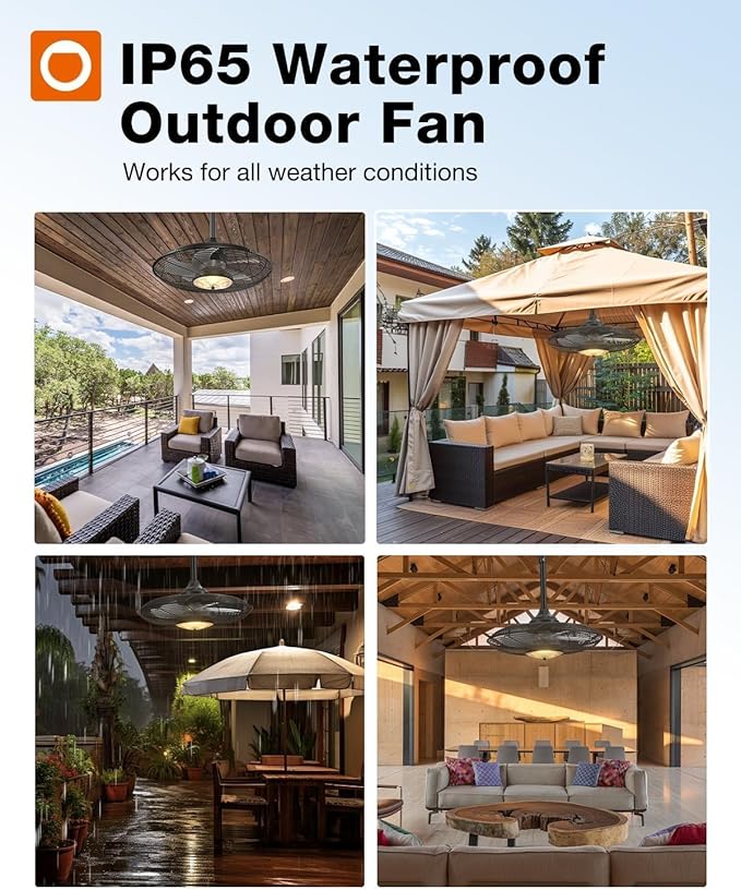 addlon 20" Outdoor Ceiling Fan with Light for Patio, IP65 Plug in Caged Fan | Waterproof, Hanging, Reversible DC Motor, 6 Speeds, Remote/APP Control, Quiet Operation, Timer, for Gazebo, Patio, Porch