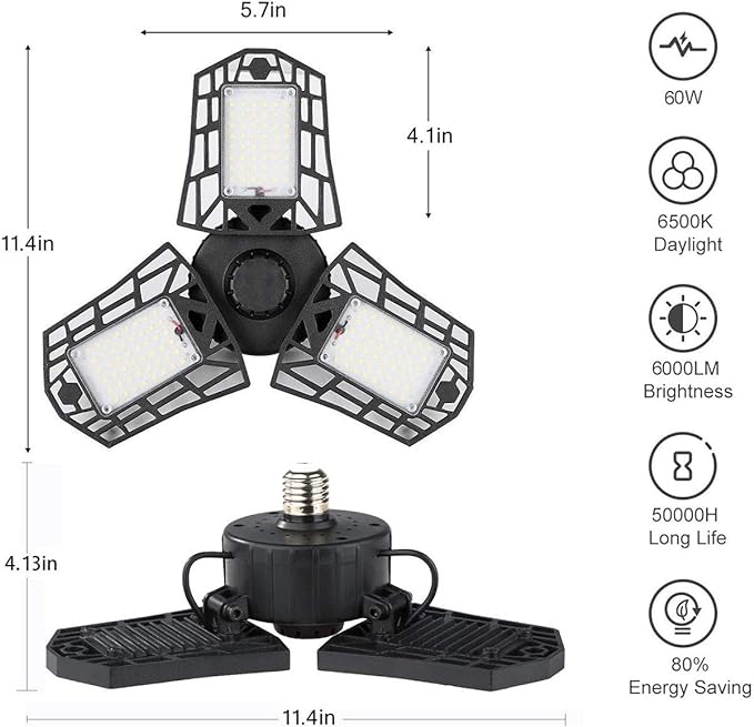 LED Garage Light - 6000 Lumen 6500K Daylight 60W, Three Leaf Led Garage Ceiling Lights