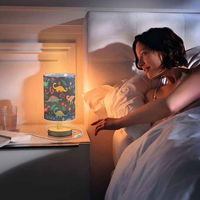 Table Lamp Dinosaur Floral Pattern Nightstand Lamp with Wood Base Fabric Lamp Shade Bedside Desk Lamp for Living Room Bedroom Kids Room Office