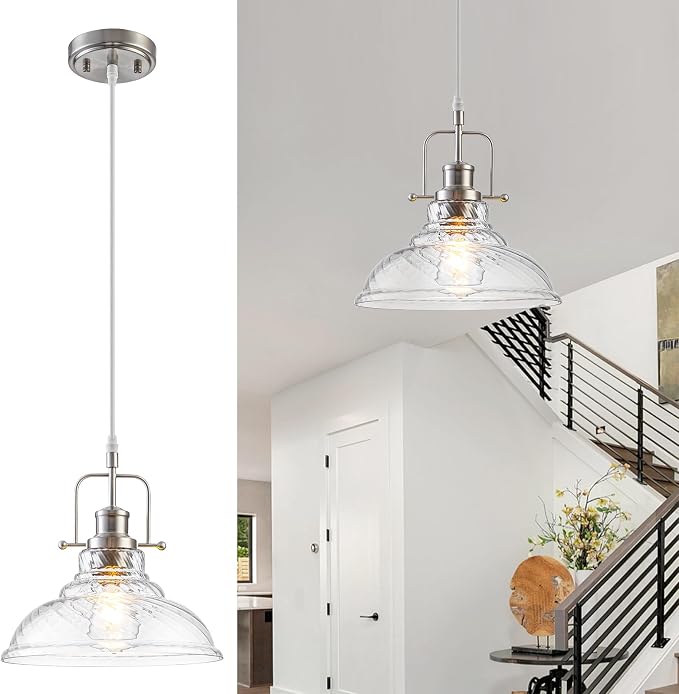 WILON Striped Glass Modern Pendant Light for Kitchen, Brushed Nickel | 11'' Striped Glass Shade, Adjustable Height, E26 Ceramic Socket, 60W MAX, Farmhouse Style for Dining Room Kitchen Over Sink