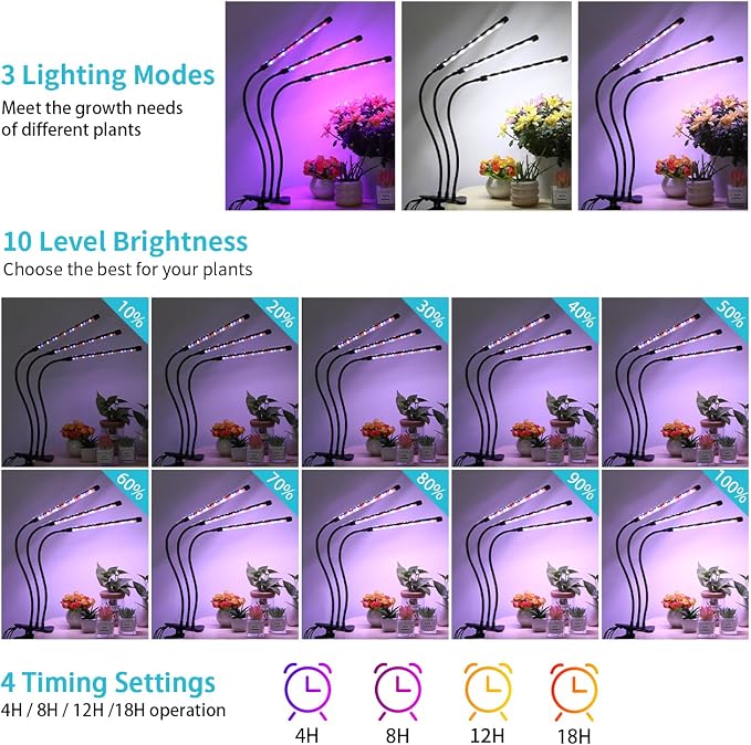 Indoor Plant Grow Light, Full Spectrum Clip Plant Lamp with Red, Blue, White Light, Plant Growing Light with Flexibel Gooseneck, 4/8/12/18H Timer, 10 Brightness Levels, 3 Lighting Modes, 3 Head