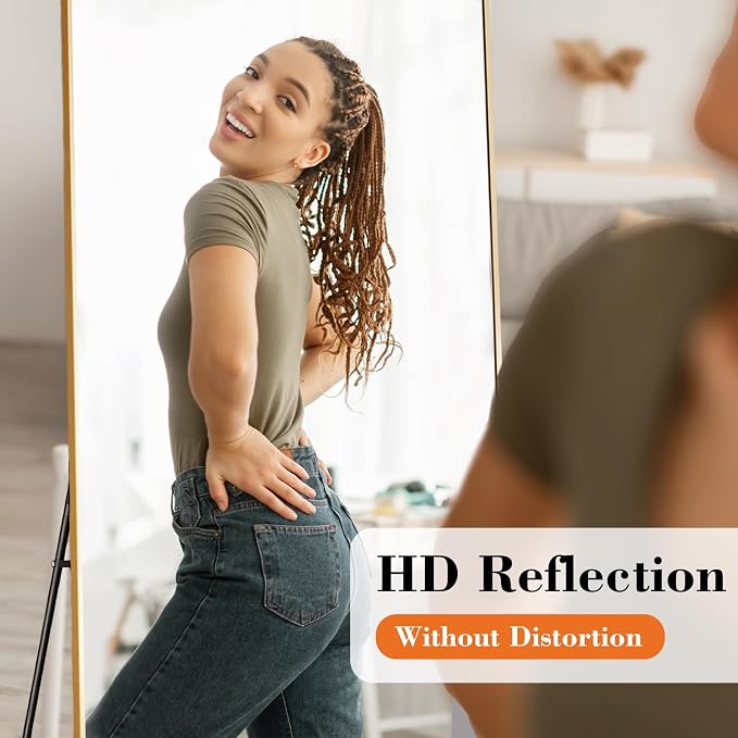 DUMOS Full Length Mirror for Bedroom, 56"x15" Full Body Mirror with Stand, Hanging or Leaning for Wall, Aluminum Alloy Thin Frame Floor Standing for Living Room, Long, Gold
