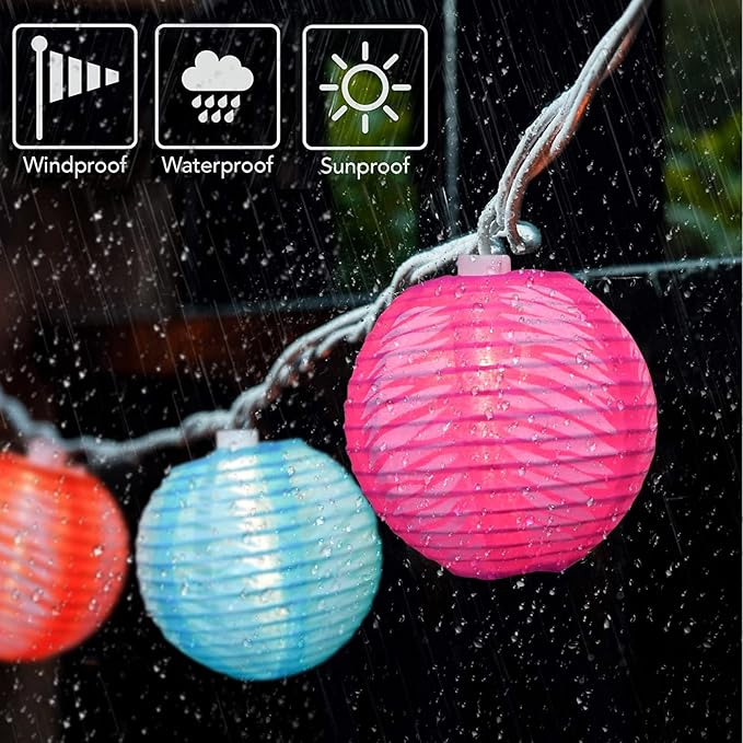 Abeja Nylon Lantern String Lights 8.5 Ft Colorful Print Pattern Light with 10 Multicolor Lanterns for Garden Decorative Lights Indoor Outdoor Patio Party Wedding Bistro Bar Backyard, White Wire