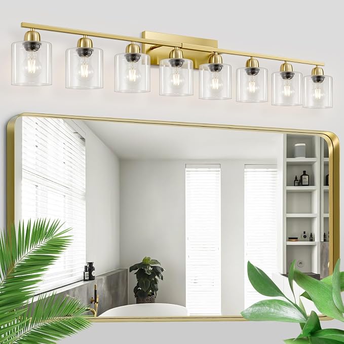 Modern Brushed Gold 8 Light Bathroom Light Fixtures, 52 inch Vanity Lights for Bathroom with Clear Glass, Bathroom Light Fixture for Mirror Kitchen Living Room Hallway Cabinet Porch