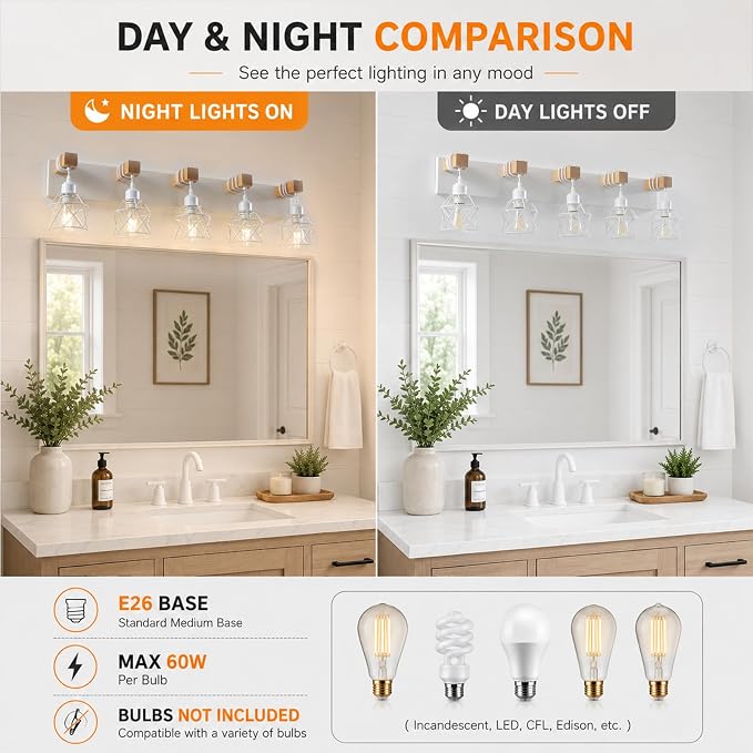 Farmhouse Vanity Light Fixture,5-Light Bathroom Lighting,White Modern Wood Wall Light Over Mirror with Metal Shade,LED Bulbs Not Included