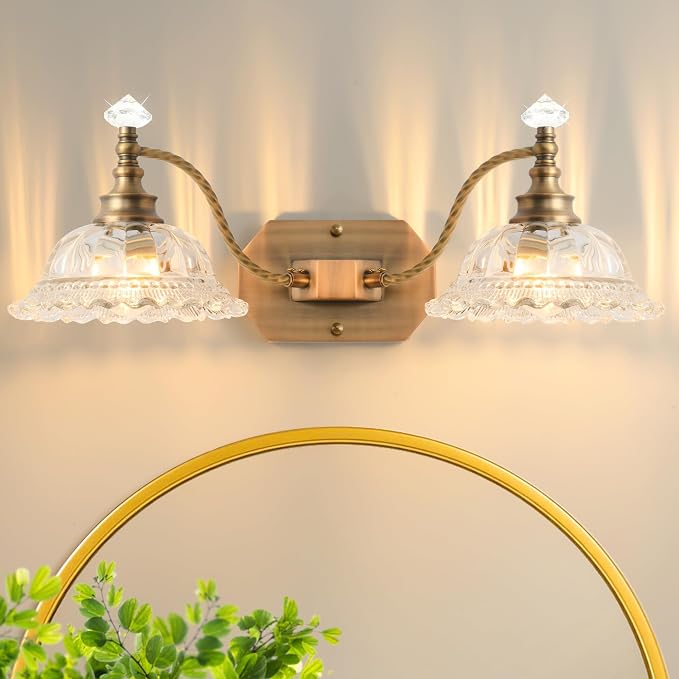 Vintage Bathroom Light Fixtures, 2 Light Brass Vanity Lights with Crystal Glass Flower Shade, Retro Wall Sconce for Bedroom, Living Room, Hallway