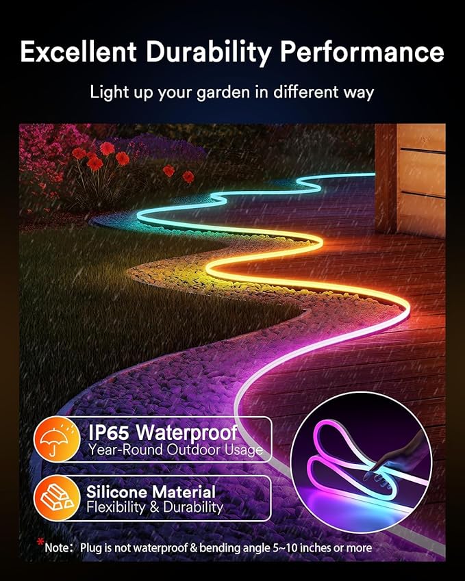 Lumary Smart Outdoor Rope Lights Waterproof, RGBAICW Flexible Color Changing Silicone Rope Light for Halloween, Music Sync, DIY Scene Mode, RGB&Warm White&Cool White for Alexa/Google Assistant, 32.8Ft