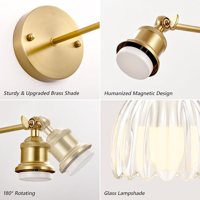 Vintage Battery Operated Wall Sconce, Clear Tulip Glass Lampshade Wireless Rechargeable Battery Powered LED Wall Light with Remote Dimmable for Bedside Bedroom Living Room, Set of 2